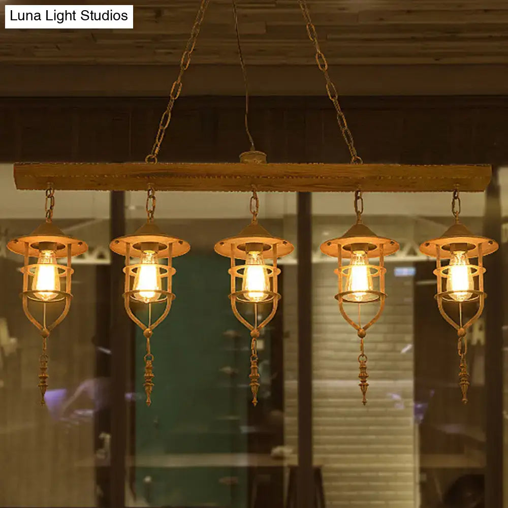 Retro wood and iron cage ceiling light dining room lighting fixture