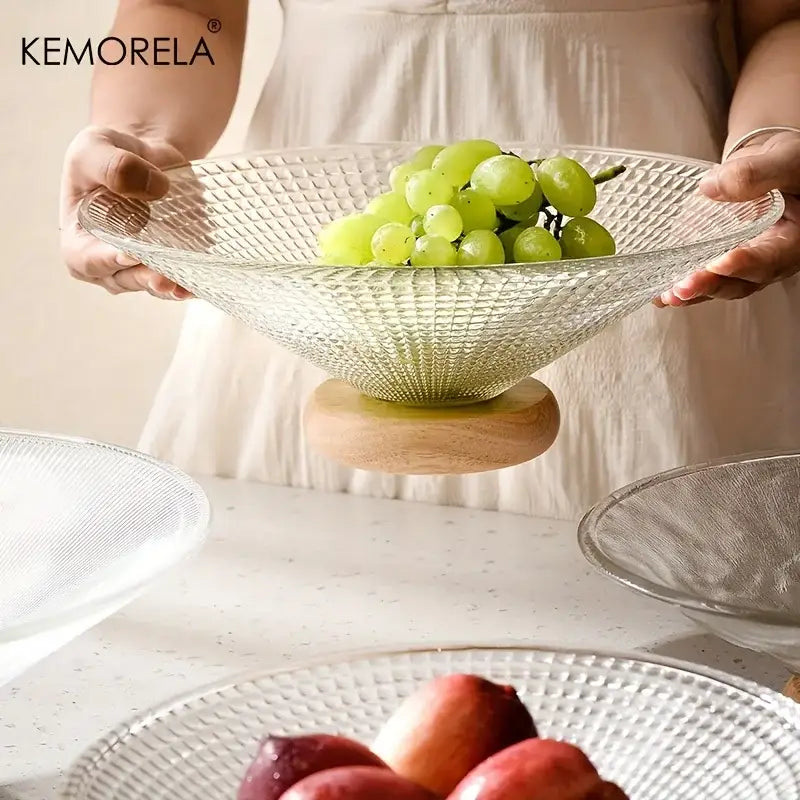 Ribbed glass fruit plate with wooden base for living room dining room