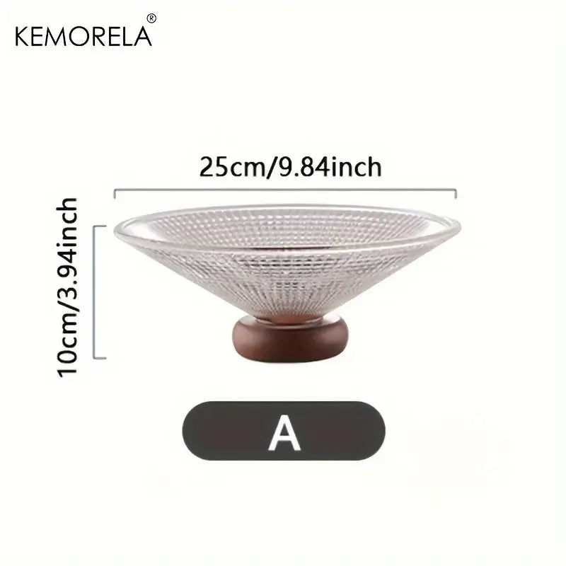 Ribbed glass fruit plate with wooden base for living room dining room