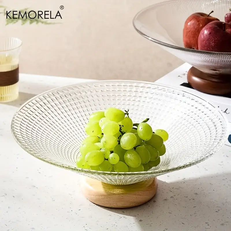 Ribbed glass fruit plate with wooden base for living room dining room