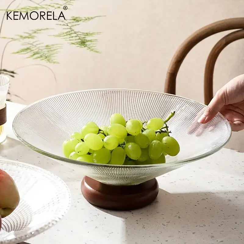 Ribbed glass fruit plate with wooden base for living room dining room