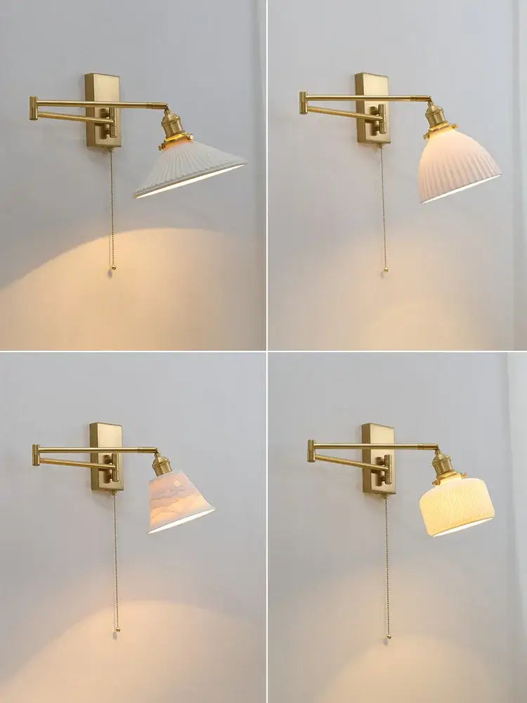 Ribbed yellow ceramic brass swing arm wall sconce bedroom light