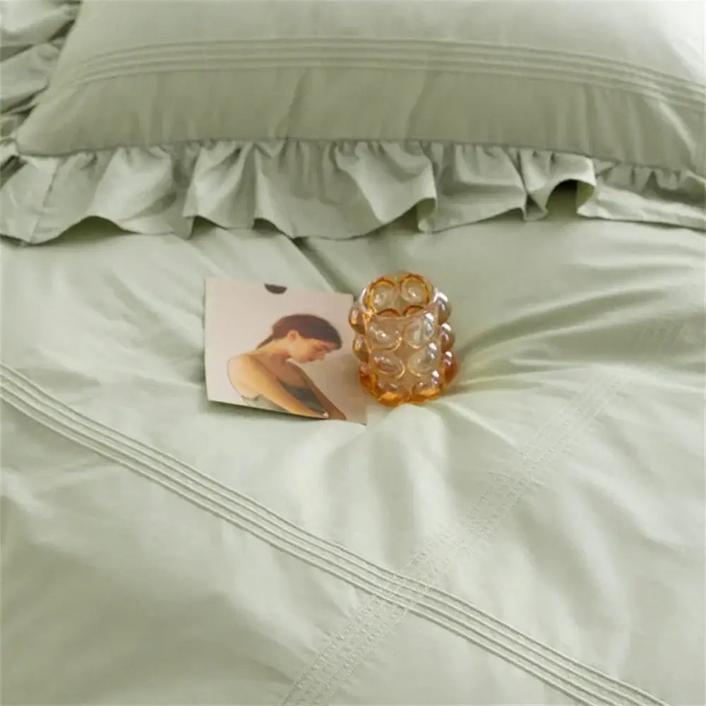 DecorBites™ Light Green Flounce 600TC Egyptian Cotton Bedding Set - Queen/King Size