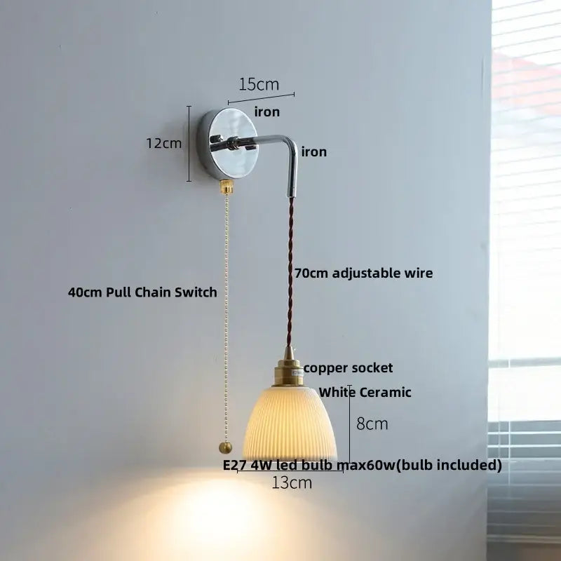 DecorBites™ Ash Wood LED Wall Light with Pull Chain Switch, Japanese Style Bedside Lamp