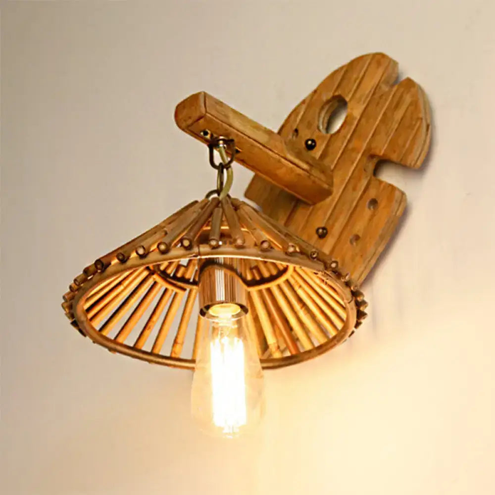 Rustic bamboo wall sconce with wood backplate – bedroom edison lamp