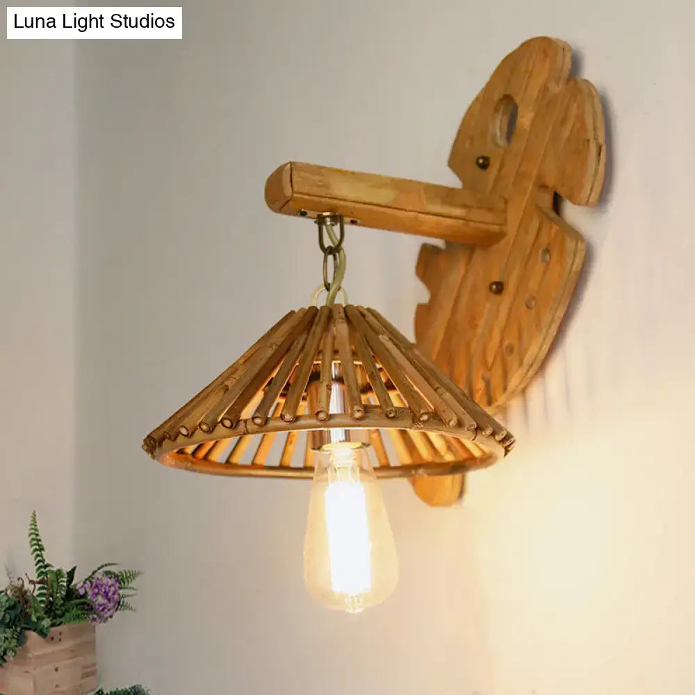 Rustic bamboo wall sconce with wood backplate – bedroom edison lamp