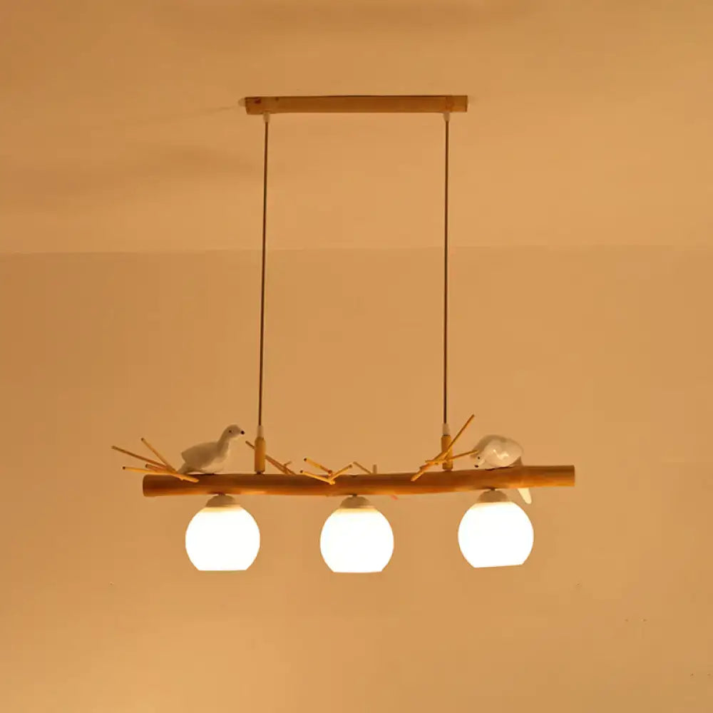 DecorBites™ Modern Cream Glass Wood Pendant Light with White Bird Deco - Dome Island Fixture