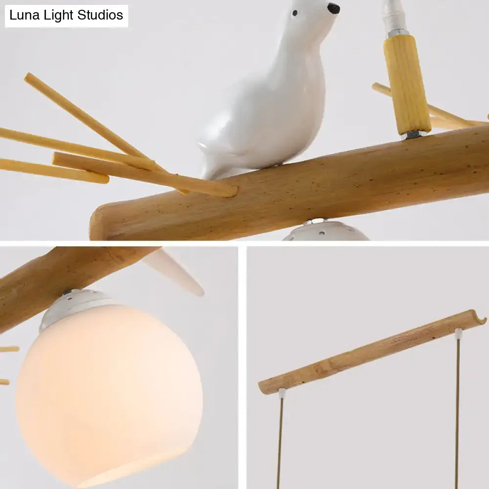DecorBites™ Modern Cream Glass Wood Pendant Light with White Bird Deco - Dome Island Fixture