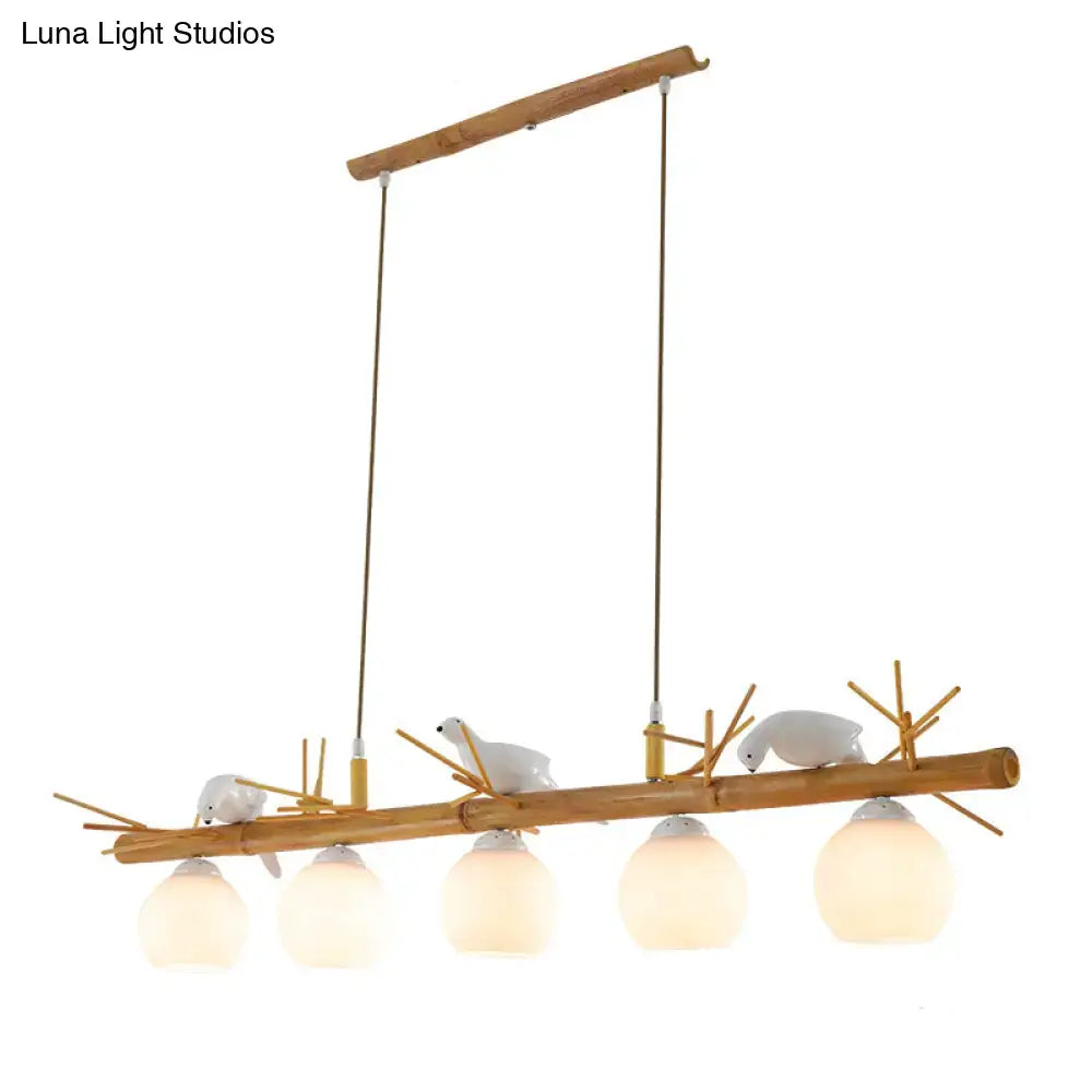 DecorBites™ Modern Cream Glass Wood Pendant Light with White Bird Deco - Dome Island Fixture