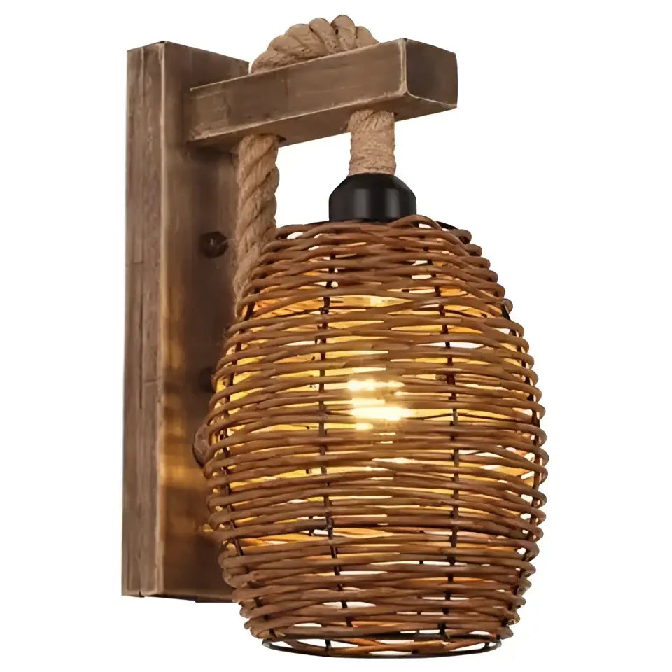 Rustic bamboo wicker wall lamp – bedroom rattan sconce