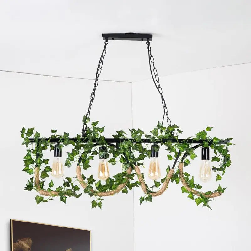 Rustic black linear island lamp with ivy – kitchen hanging light