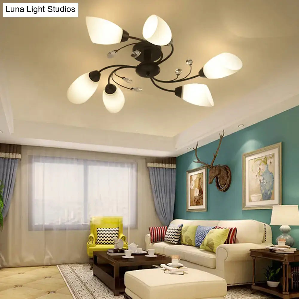 DecorBites™ Rustic Black Opal Glass Semi Flush Ceiling Light Fixture with Floral Swirl Design - Ideal for Living Room