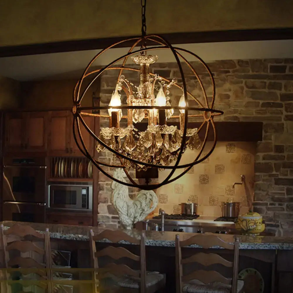 DecorBites™ Rustic 4-Light Wrought Iron Chandelier Pendant with Crystal Deco for Restaurants