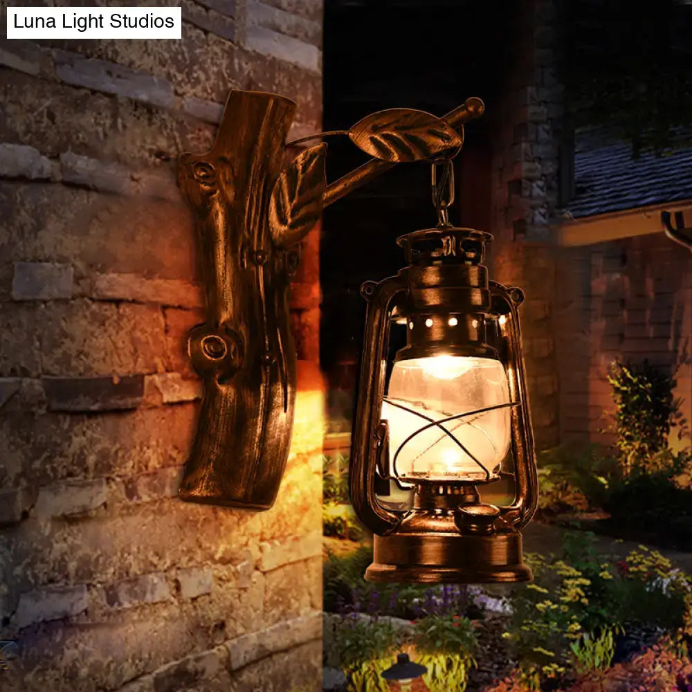 Rustic brass oil lantern wall sconce corridor branch light