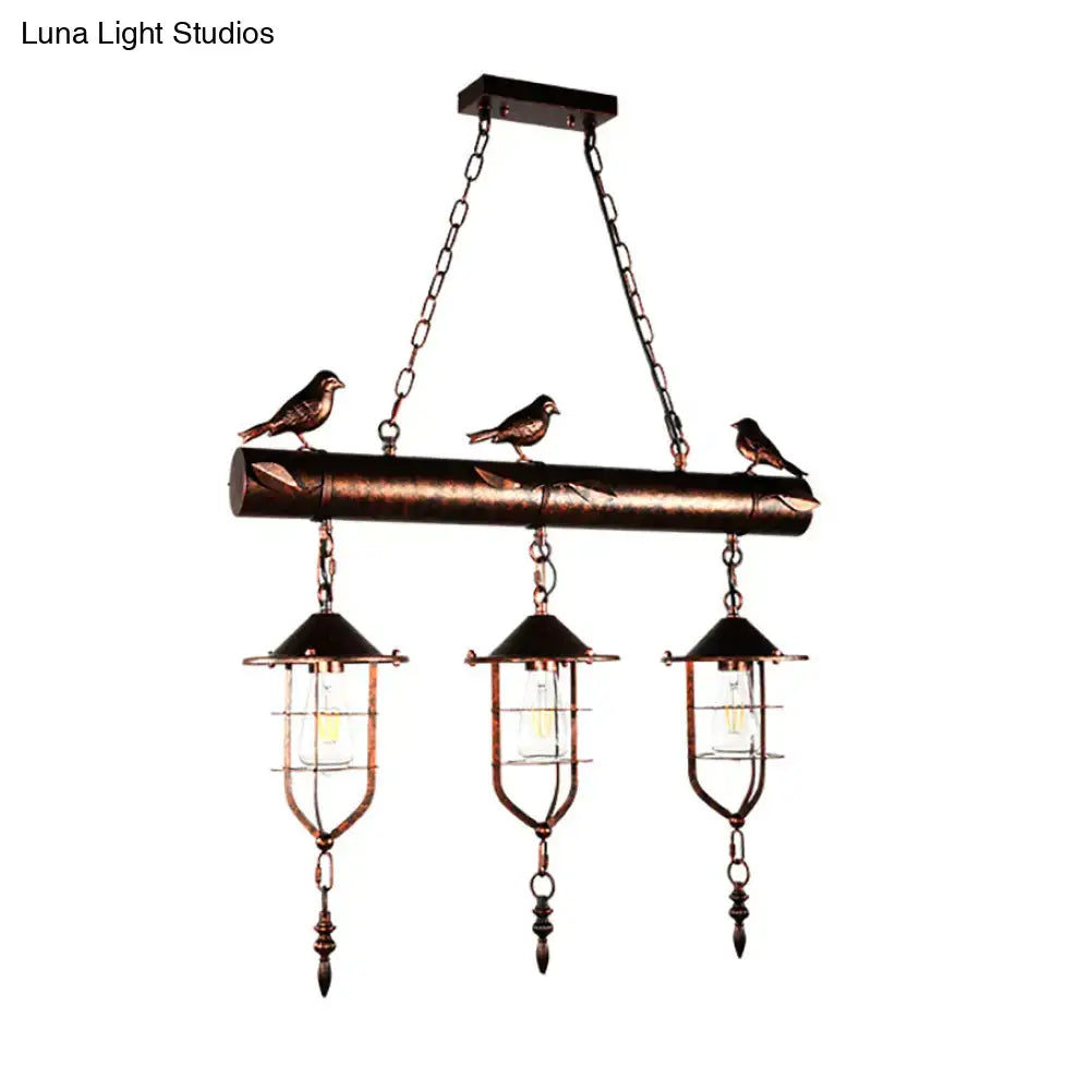 DecorBites™ Coastal Style Metal Caged Island Pendant Light - 3-Light Kitchen Hanging Lamp in Bronze/Weathered Copper with Bird