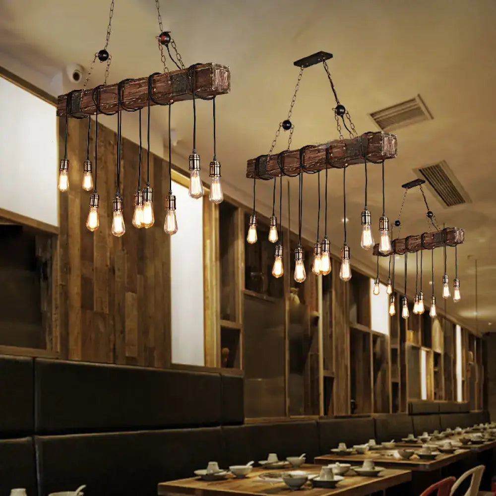 DecorBites™ 10-Head Metal Pendant Lamp with Exposed Bulbs and Wood Beam in Brown Finish