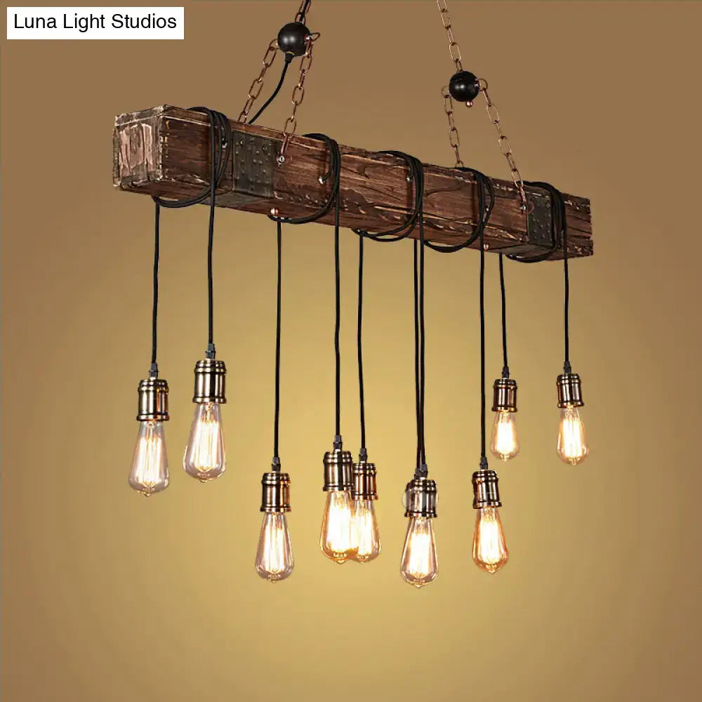 DecorBites™ 10-Head Metal Pendant Lamp with Exposed Bulbs and Wood Beam in Brown Finish