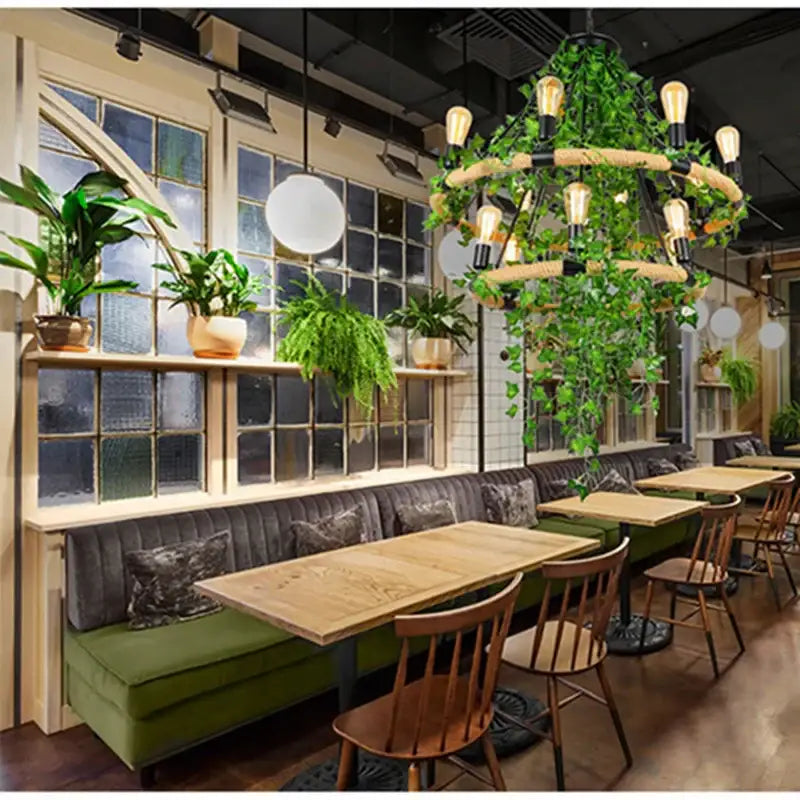 Rustic green leaf chandelier butterfly rope light for bar dining room