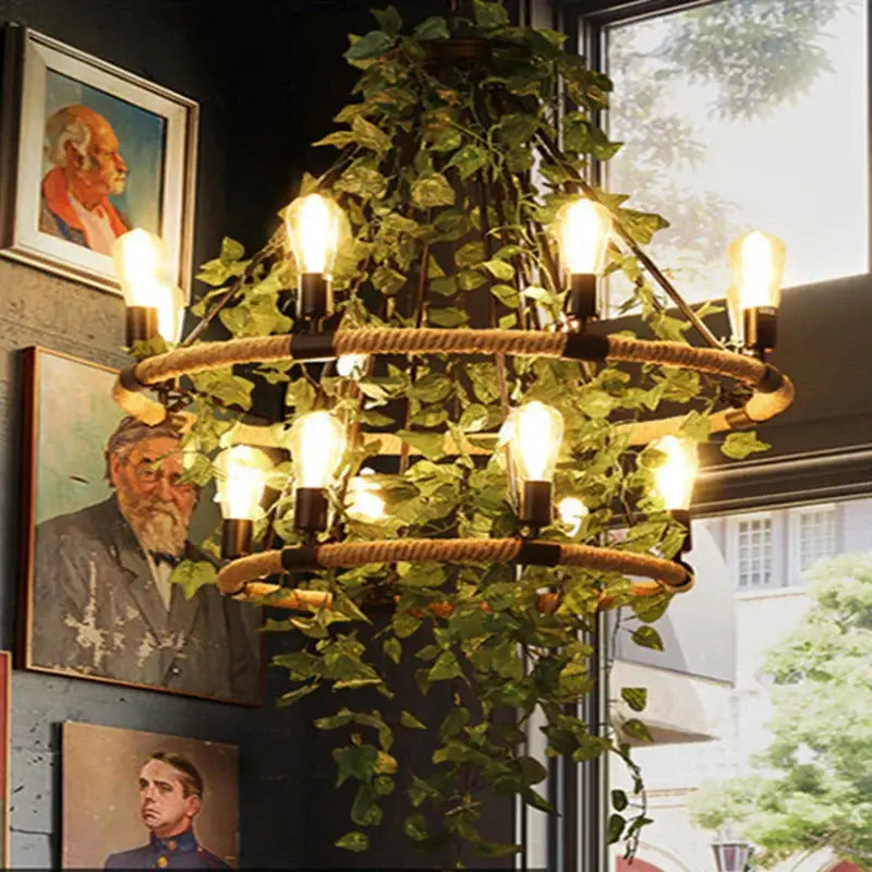 Rustic green leaf chandelier butterfly rope light for bar dining room