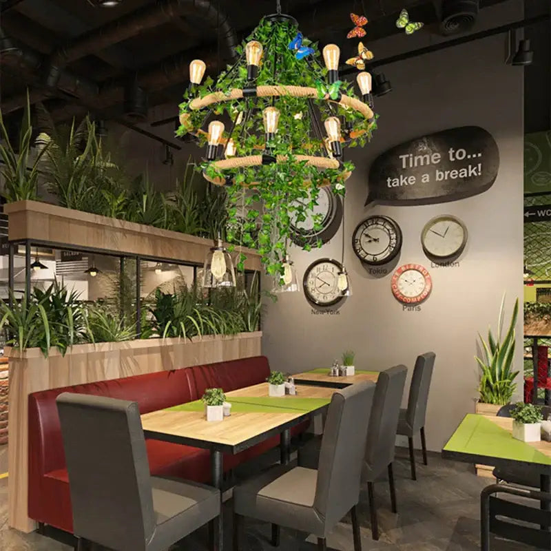 Rustic green leaf chandelier butterfly rope light for bar dining room