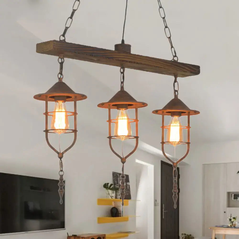 DecorBites™ Caged Rustic Metal Pendant Light Fixture with Wooden Beam - 3 Lights Hanging Lamp Kit