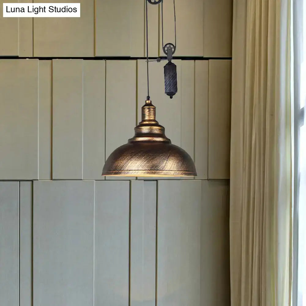 DecorBites™ Rustic Industrial Dome Pendant Lamp with Pulley - 1 Light Metal Fixture in Brown/Grey for Living Room Lighting