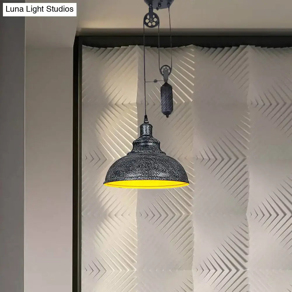 DecorBites™ Rustic Industrial Dome Pendant Lamp with Pulley - 1 Light Metal Fixture in Brown/Grey for Living Room Lighting