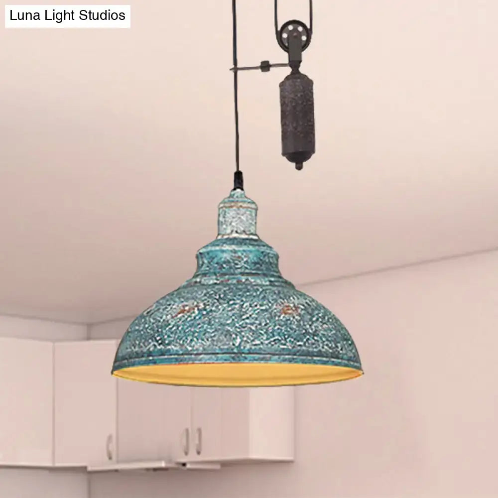 DecorBites™ Rustic Industrial Dome Pendant Lamp with Pulley - 1 Light Metal Fixture in Brown/Grey for Living Room Lighting