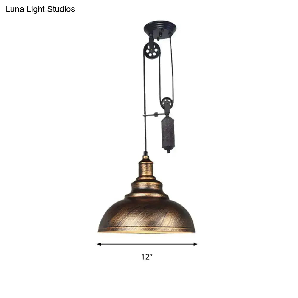 DecorBites™ Rustic Industrial Dome Pendant Lamp with Pulley - 1 Light Metal Fixture in Brown/Grey for Living Room Lighting