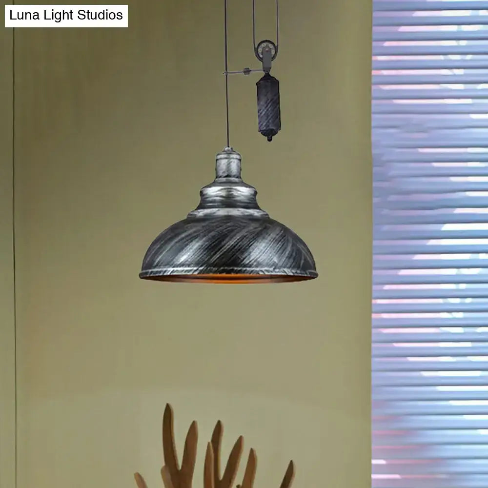 DecorBites™ Rustic Industrial Dome Pendant Lamp with Pulley - 1 Light Metal Fixture in Brown/Grey for Living Room Lighting
