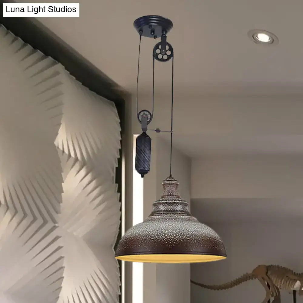 DecorBites™ Rustic Industrial Dome Pendant Lamp with Pulley - 1 Light Metal Fixture in Brown/Grey for Living Room Lighting