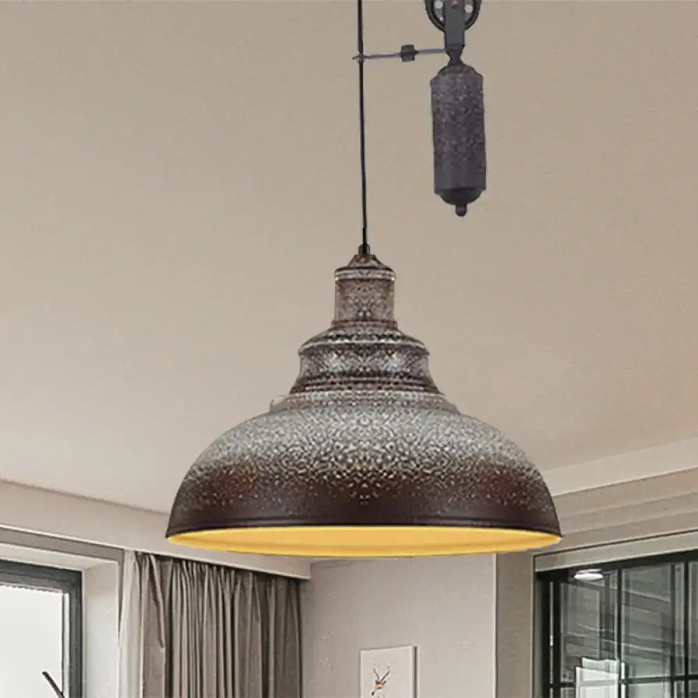 DecorBites™ Rustic Industrial Dome Pendant Lamp with Pulley - 1 Light Metal Fixture in Brown/Grey for Living Room Lighting