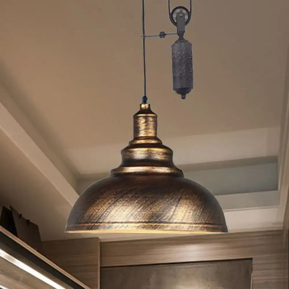 DecorBites™ Rustic Industrial Dome Pendant Lamp with Pulley - 1 Light Metal Fixture in Brown/Grey for Living Room Lighting
