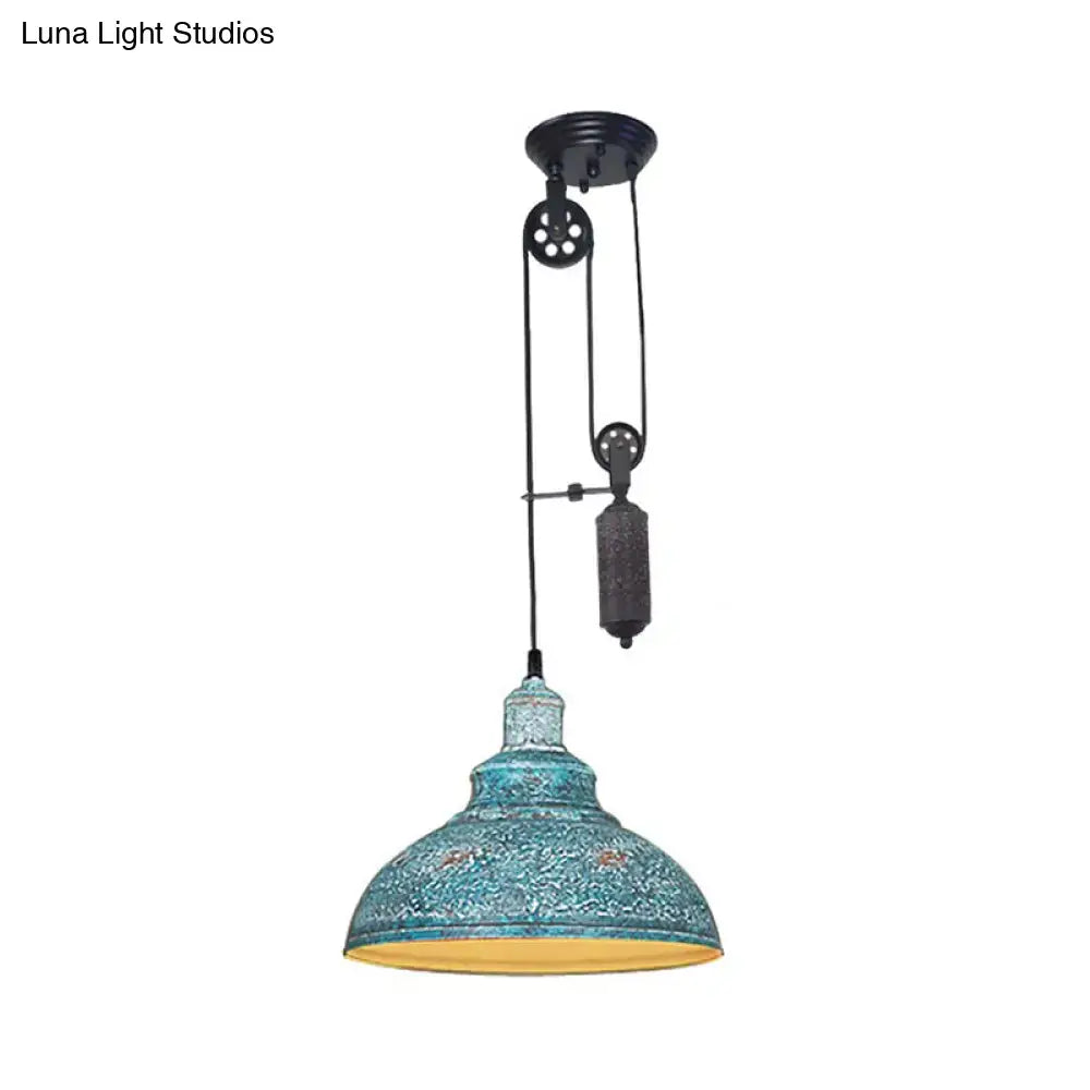 DecorBites™ Rustic Industrial Dome Pendant Lamp with Pulley - 1 Light Metal Fixture in Brown/Grey for Living Room Lighting