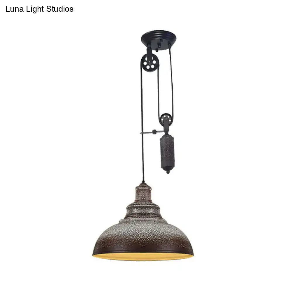 DecorBites™ Rustic Industrial Dome Pendant Lamp with Pulley - 1 Light Metal Fixture in Brown/Grey for Living Room Lighting