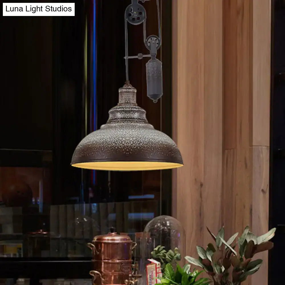 DecorBites™ Rustic Industrial Dome Pendant Lamp with Pulley - 1 Light Metal Fixture in Brown/Grey for Living Room Lighting