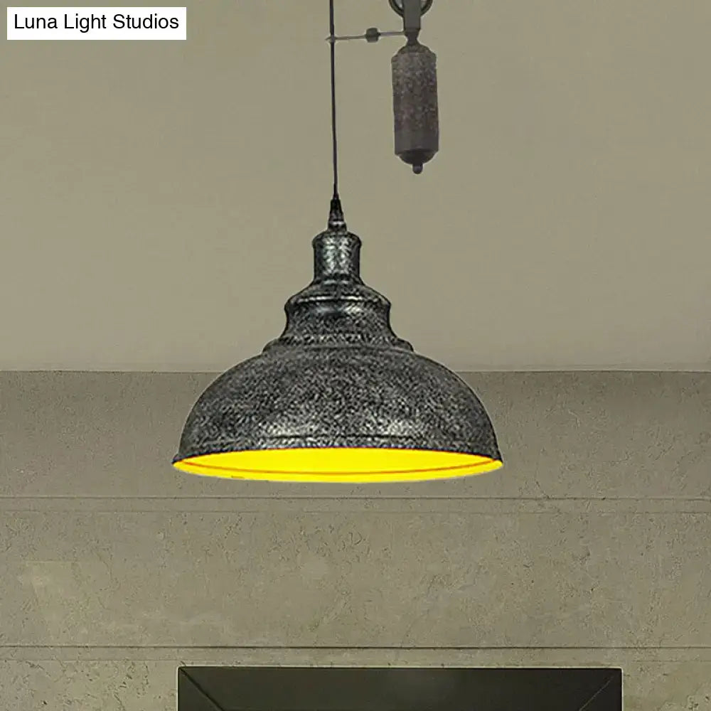 DecorBites™ Rustic Industrial Dome Pendant Lamp with Pulley - 1 Light Metal Fixture in Brown/Grey for Living Room Lighting
