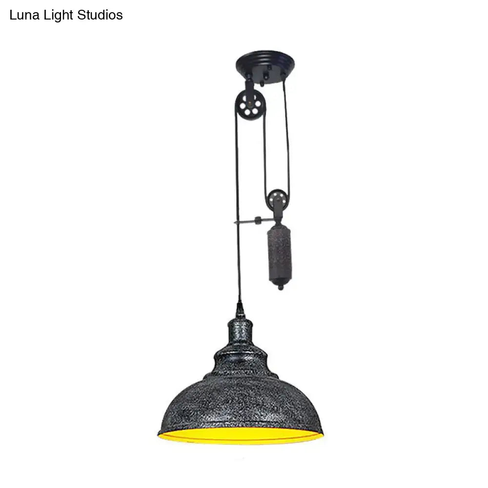 DecorBites™ Rustic Industrial Dome Pendant Lamp with Pulley - 1 Light Metal Fixture in Brown/Grey for Living Room Lighting
