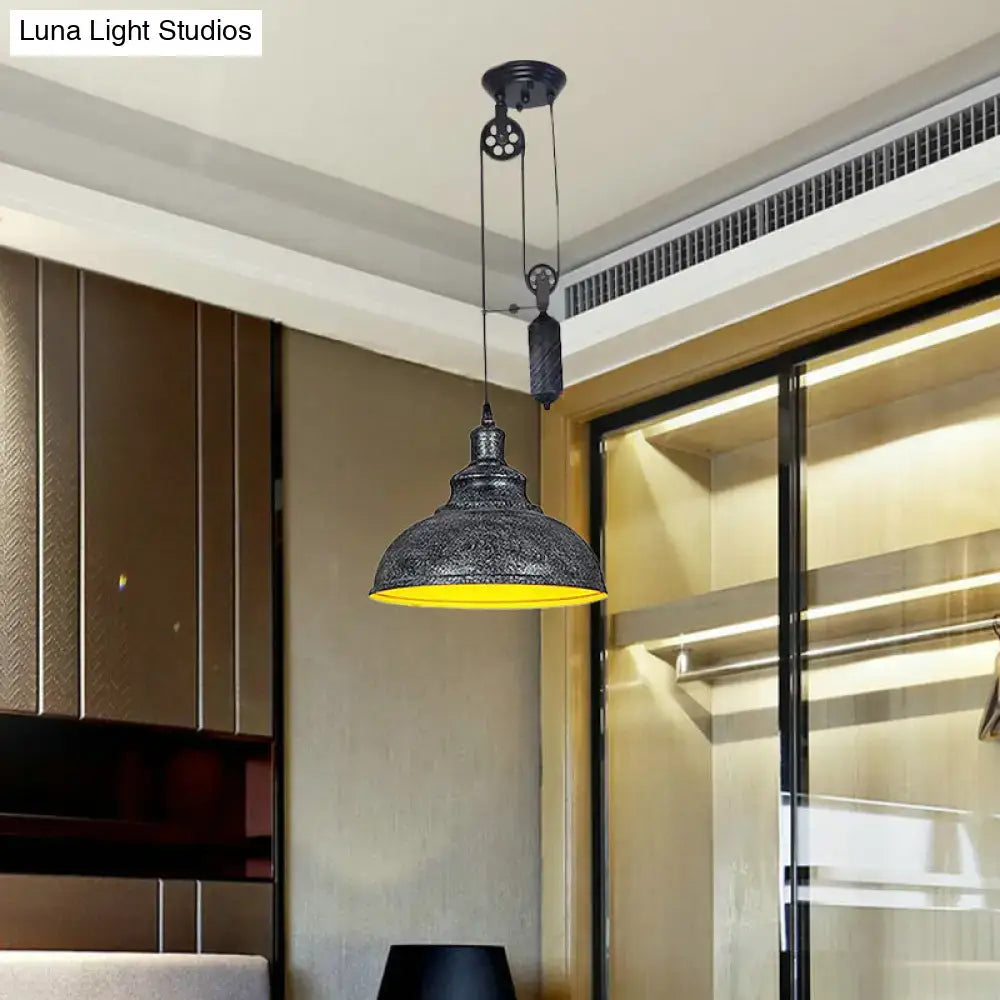 DecorBites™ Rustic Industrial Dome Pendant Lamp with Pulley - 1 Light Metal Fixture in Brown/Grey for Living Room Lighting