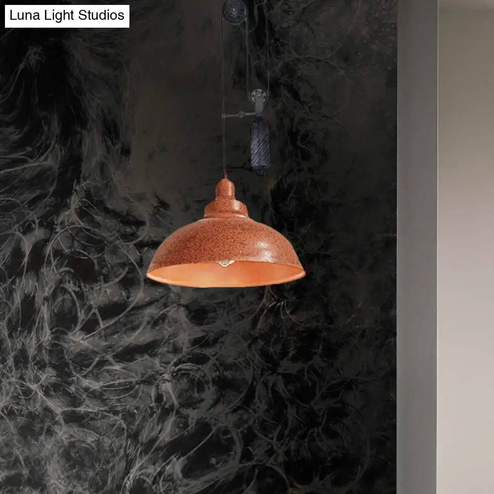 DecorBites™ Rustic Industrial Dome Pendant Lamp with Pulley - 1 Light Metal Fixture in Brown/Grey for Living Room Lighting