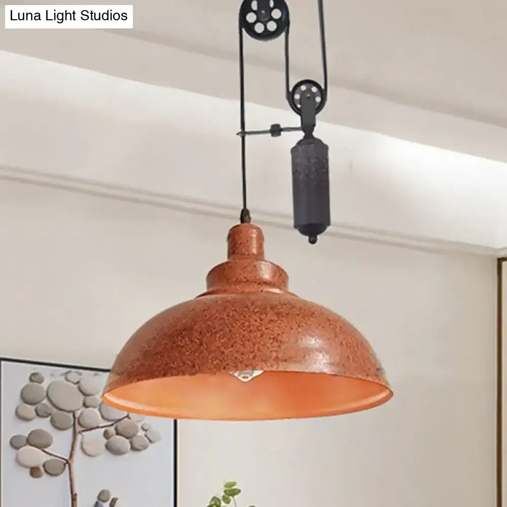DecorBites™ Rustic Industrial Dome Pendant Lamp with Pulley - 1 Light Metal Fixture in Brown/Grey for Living Room Lighting
