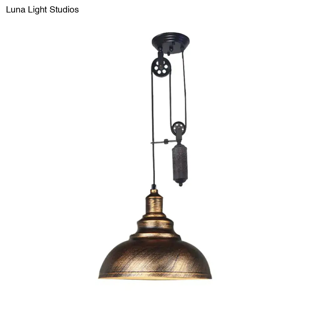 DecorBites™ Rustic Industrial Dome Pendant Lamp with Pulley - 1 Light Metal Fixture in Brown/Grey for Living Room Lighting