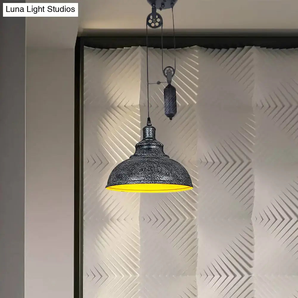 DecorBites™ Rustic Industrial Dome Pendant Lamp with Pulley - 1 Light Metal Fixture in Brown/Grey for Living Room Lighting