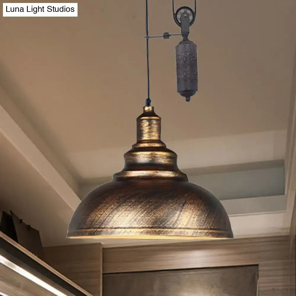 DecorBites™ Rustic Industrial Dome Pendant Lamp with Pulley - 1 Light Metal Fixture in Brown/Grey for Living Room Lighting