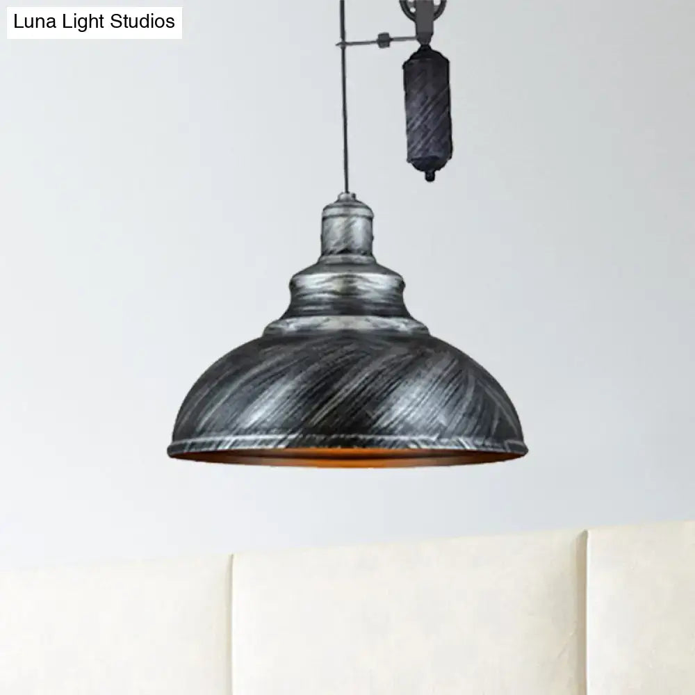 DecorBites™ Rustic Industrial Dome Pendant Lamp with Pulley - 1 Light Metal Fixture in Brown/Grey for Living Room Lighting