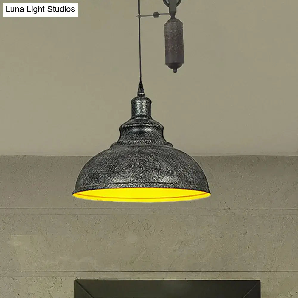 DecorBites™ Rustic Industrial Dome Pendant Lamp with Pulley - 1 Light Metal Fixture in Brown/Grey for Living Room Lighting