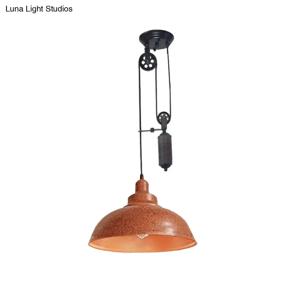 DecorBites™ Rustic Industrial Dome Pendant Lamp with Pulley - 1 Light Metal Fixture in Brown/Grey for Living Room Lighting
