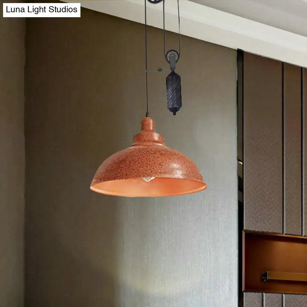 DecorBites™ Rustic Industrial Dome Pendant Lamp with Pulley - 1 Light Metal Fixture in Brown/Grey for Living Room Lighting