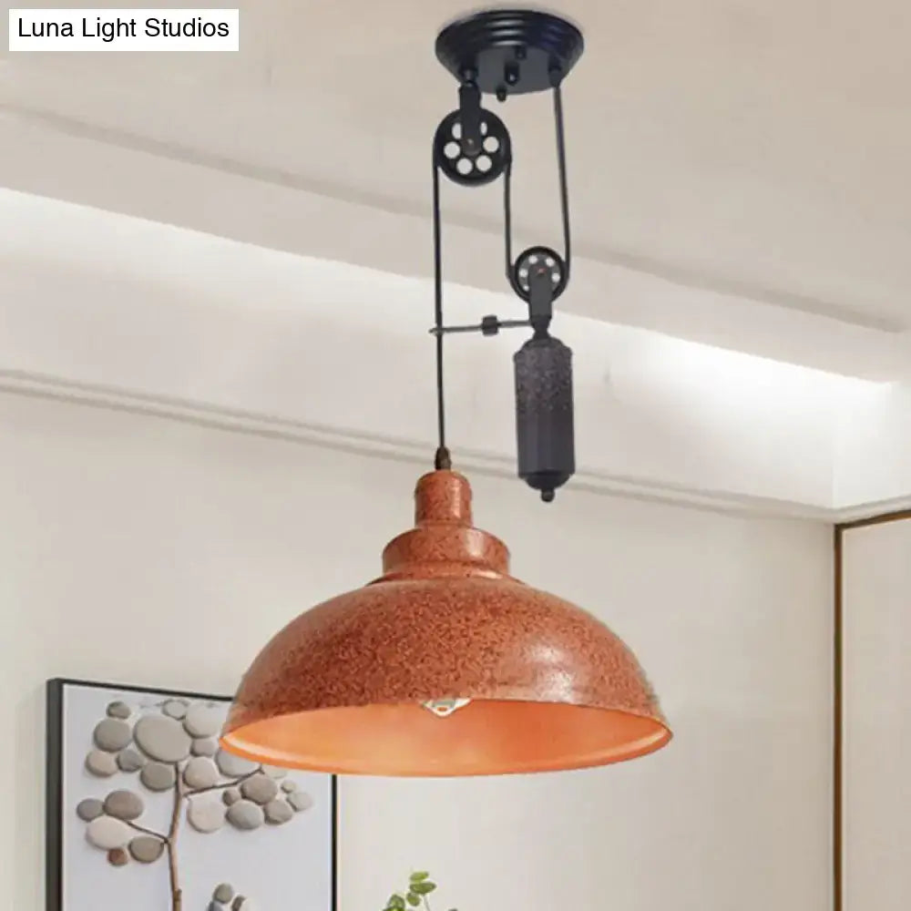 DecorBites™ Rustic Industrial Dome Pendant Lamp with Pulley - 1 Light Metal Fixture in Brown/Grey for Living Room Lighting