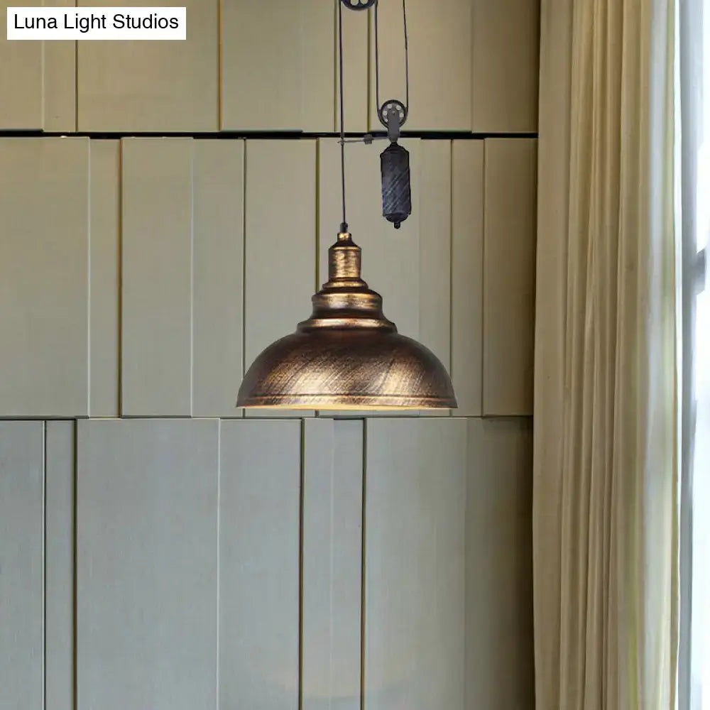 DecorBites™ Rustic Industrial Dome Pendant Lamp with Pulley - 1 Light Metal Fixture in Brown/Grey for Living Room Lighting